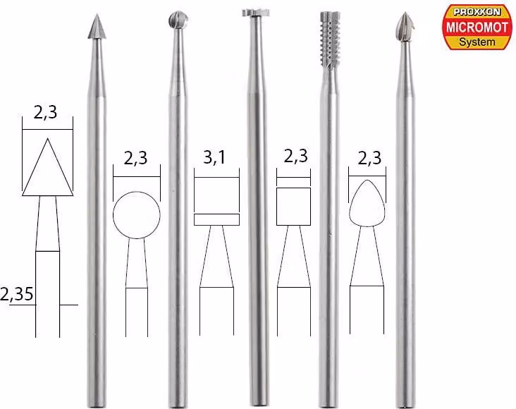 Proxxon 28710 Feinfräsersatz (Wolfram-Vanadiumstahl), 5-tlg. (Rad, Kugel, Kegel, Zyl., Elypse)