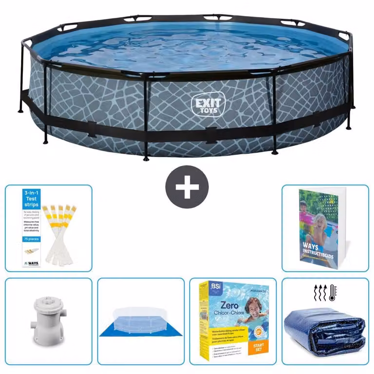 Piscina fuori terra "Exit Pool Rund" - Design effetto pietra - 360x76 cm - 5 pezzi - Modello S245