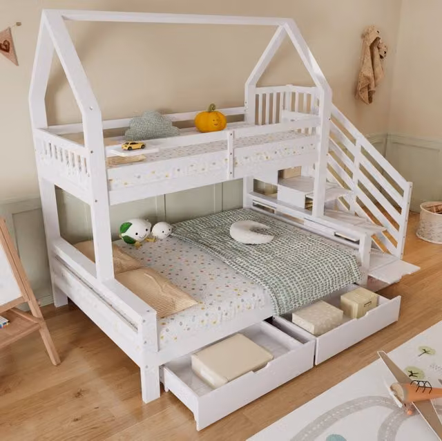 Letto a castello per bambini con due cassetti su ruote, design a tetto, struttura in pino, MDF e compensato, bianco, dimensioni 90x200 cm & 140x200 cm