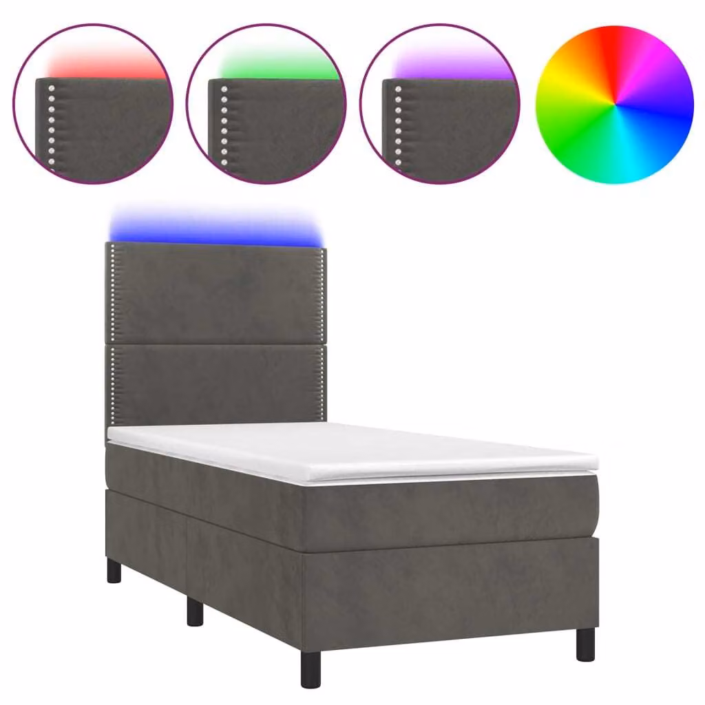 Letto a Molle con Materasso e LED Grigio Scuro 90x190cm Velluto