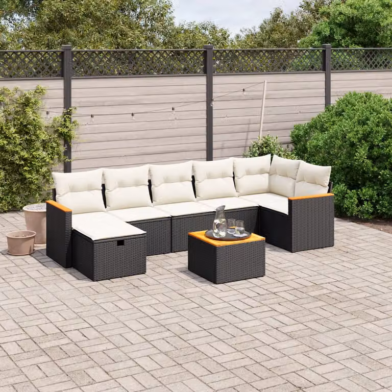 Set Divani da Giardino vidaXL a Forma a L con Cuscini, Tavolino e Ottoman, 8 Pezzi, Nero e Bianco