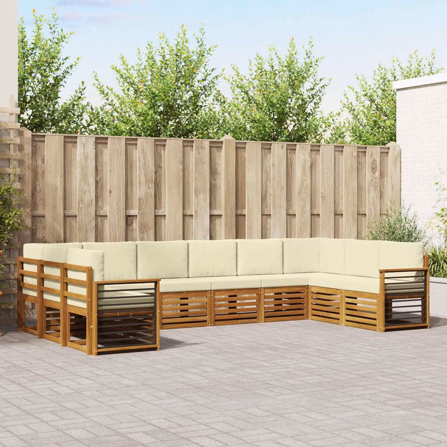 vidaXL Set di divani da esterno a L in legno di acacia con cuscini, 10 pezzi, Beige e Bianco