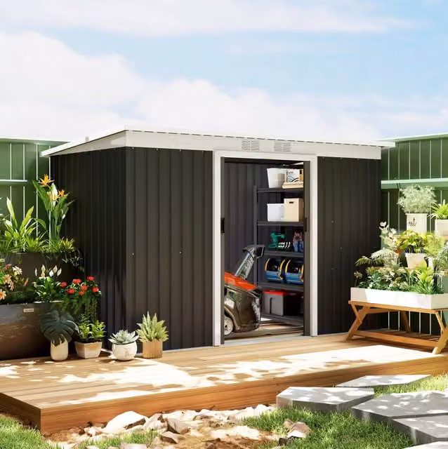 Casetta da giardino ULEVR in acciaio zincato grigio scuro, 3,2 m2, con ventilazione e tetto inclinato