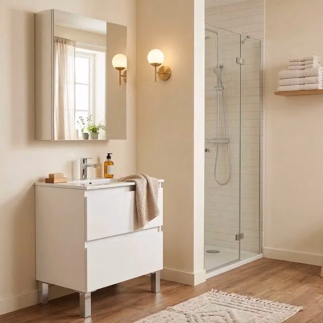 Set Mobili Bagno DMORA Moderno Bianco Lucido con Specchio e Mobile Lavabo L/P/H: 60 x 40 x 63.5 cm
