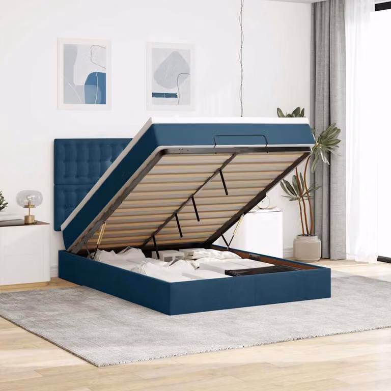 Letto con contenitore e pouf vidaXL in velluto blu, con base a sollevamento, illuminazione sottostante e porte USB, L/P/H: 200 x 140 x 128 cm