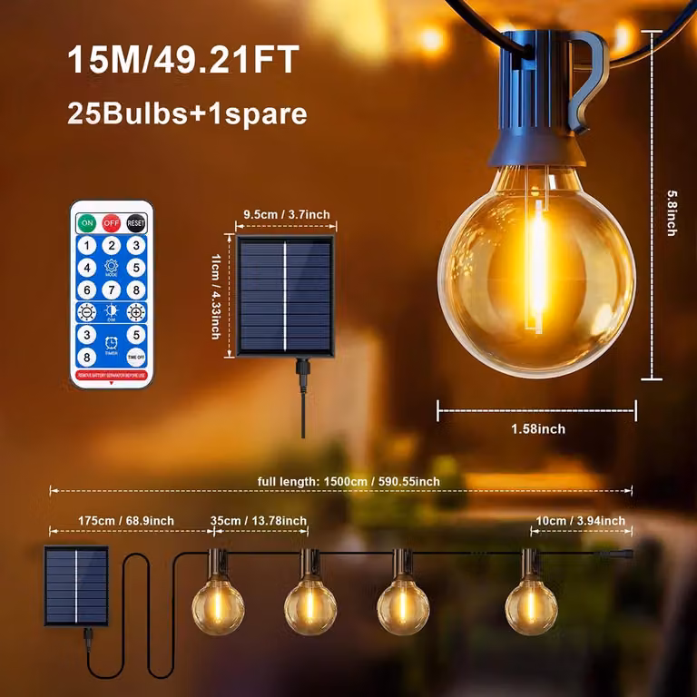 Catena luminosa a LED solare - Lampadine G40 - 15 metri - 25 lampadine - Telecomando - Dimmerabile - Grado di protezione IP44 - Materiale: ABS