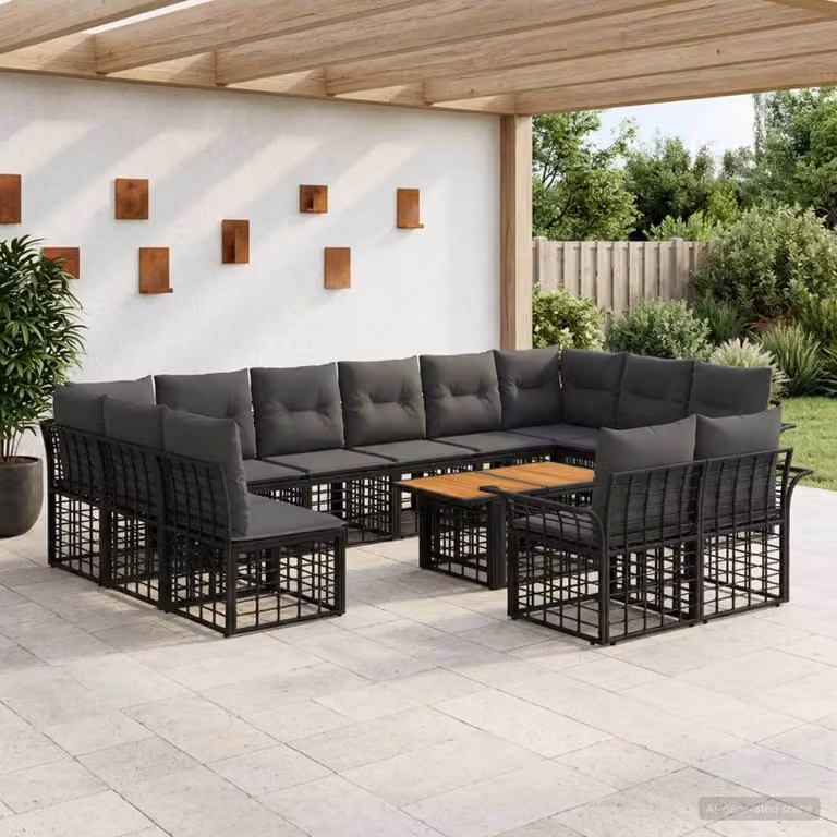 Set Divano da Giardino vidaXL 13 pz in Polyrattan con Tavolino e Cuscini, Design Moderno a L, Nero e Grigio