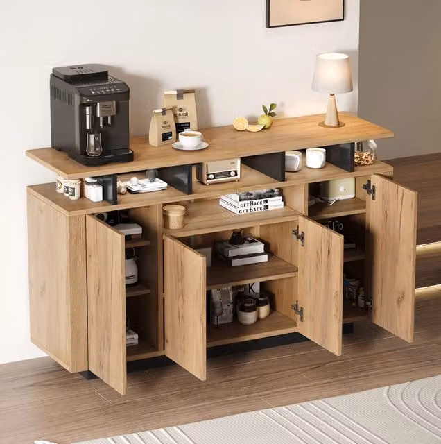 Mobile contenitore con 4 ante e 3 vani aperti, in truciolato naturale, 140x40x85 cm