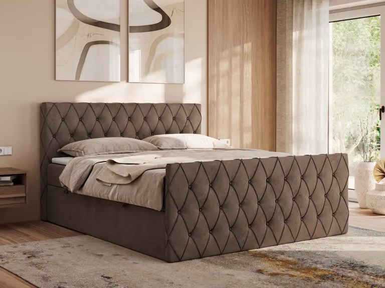 Letto boxspring MKS MEBLE 180x200 con contenitore, letto 180x200 con materasso H3, letto boxspring 180x200 con topper - Miren Duo - Marrone velluto - H3