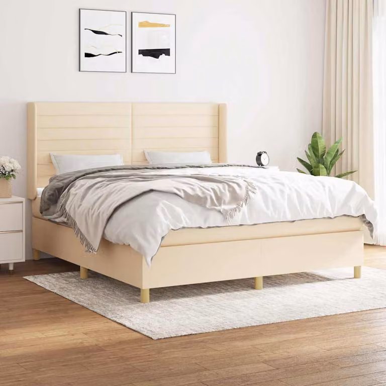 vidaXL Giroletto a Molle Ibrido con Materasso in Tessuto Beige e Bianco L/P/H: 180 x 200 x 128 cm