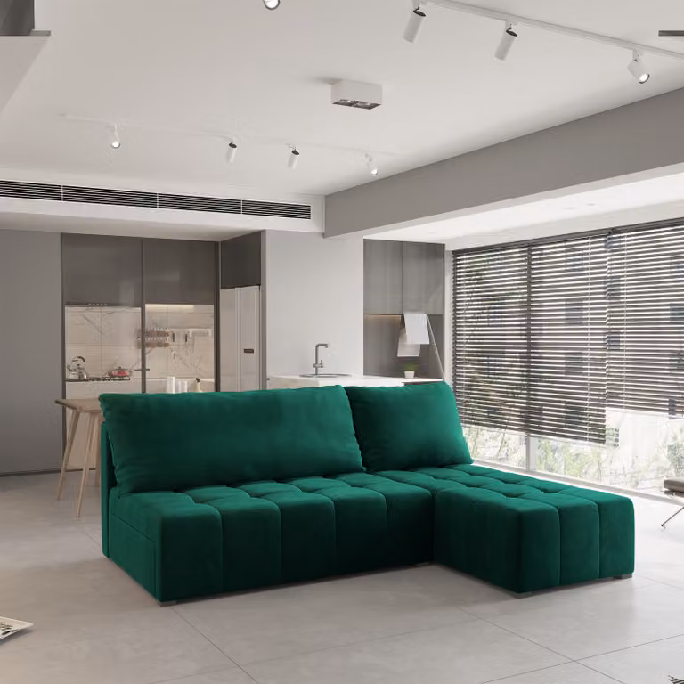 Divano angolare DOMIRA di Masseno con funzione letto a L, divano con box letto, divano da soggiorno, divano, divano letto, set di divani - verde, KRONOS 19