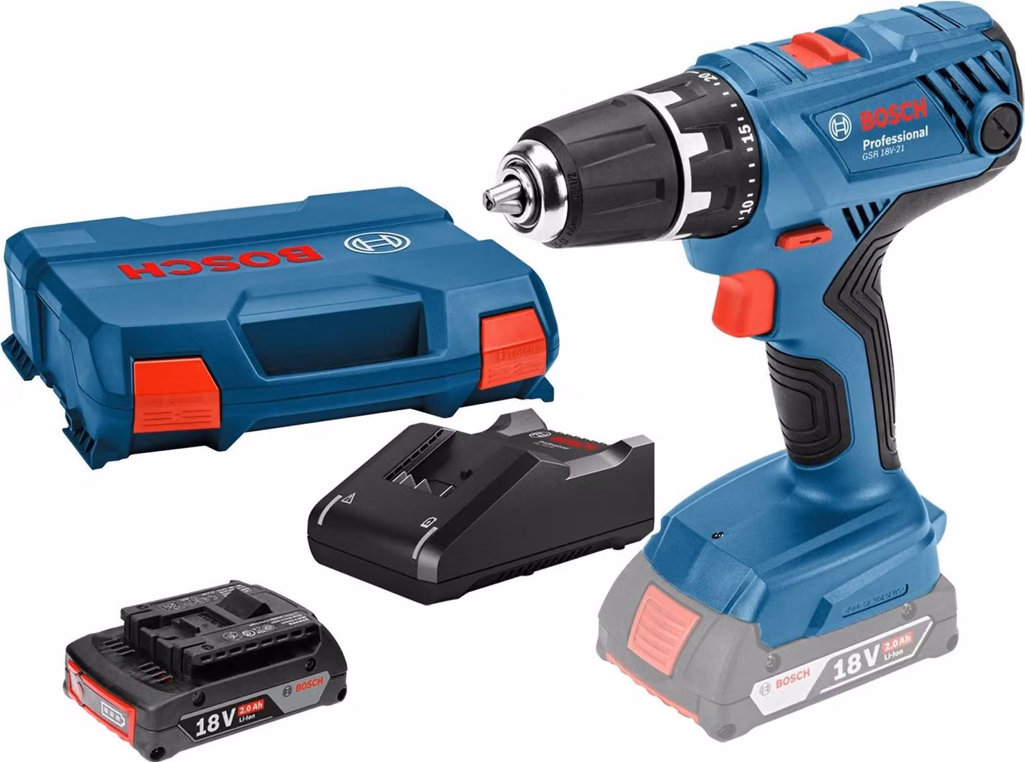 Trapano a batteria Bosch GSR 18V-21 / 1x batteria 2,0 Ah + caricabatterie in valigetta a L