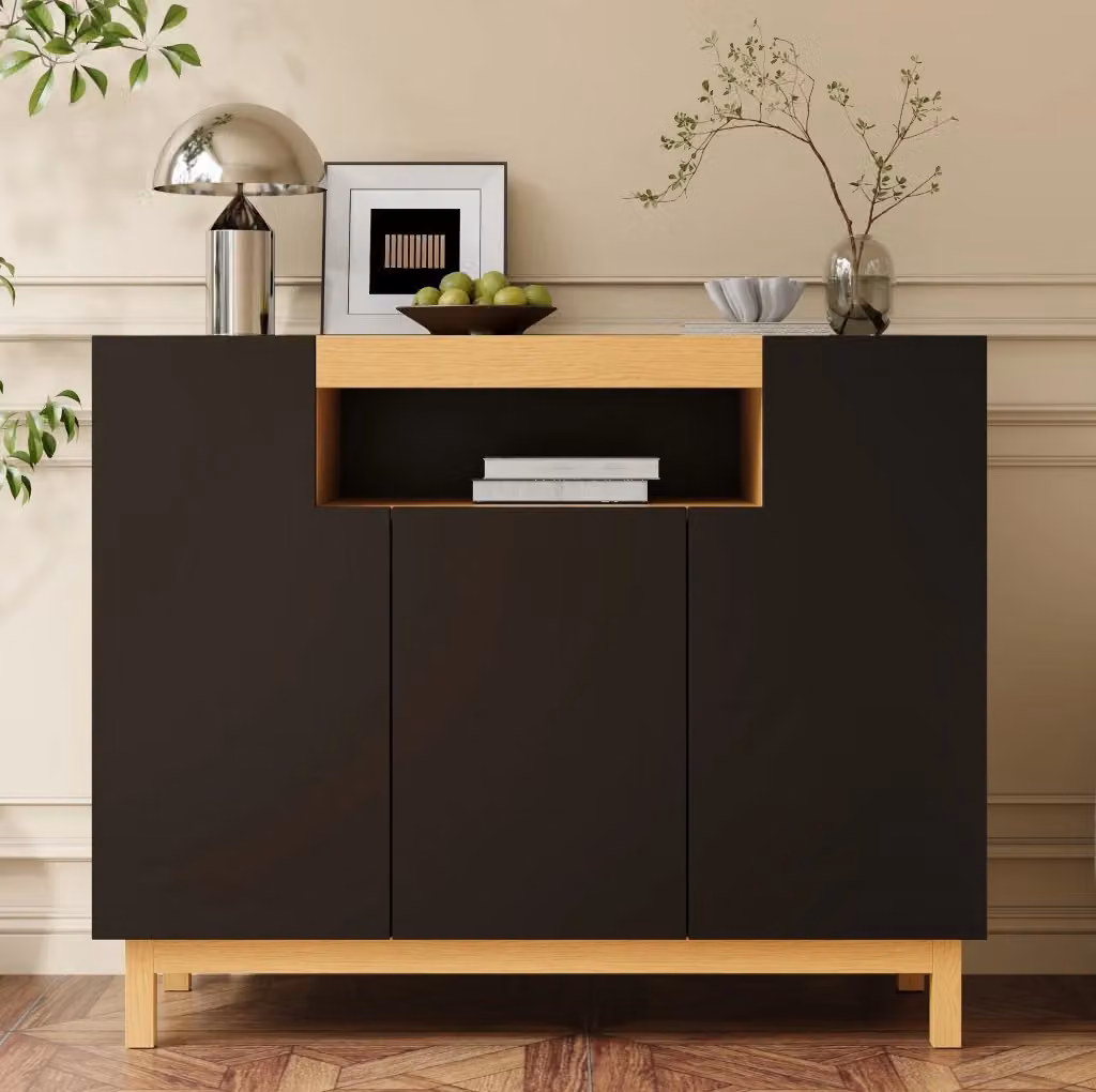 Sideboard moderno minimalista in MDF nero opaco con tre ante e vano aperto L: 96 cm, H: 46 cm, P: 42 cm – 2