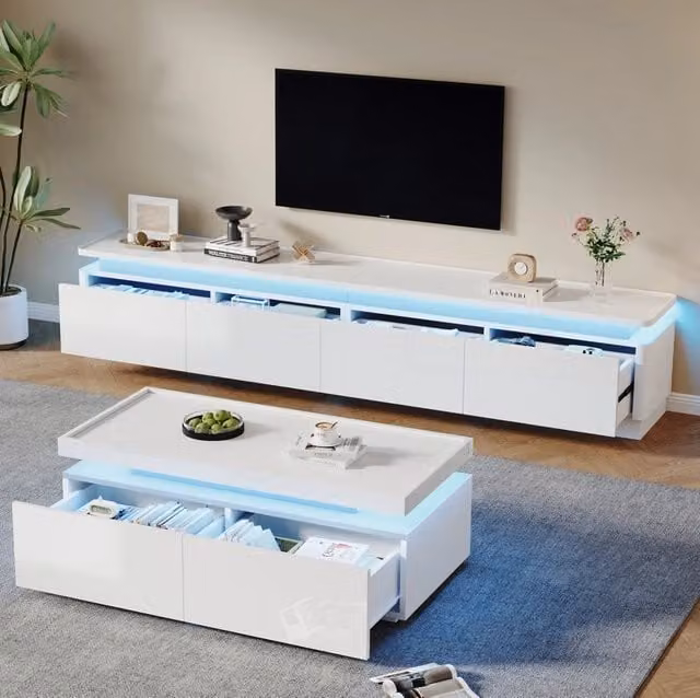 Mobile TV bianco lucido con LED, 180 x 34 cm, 4 cassetti, per TV fino a 75 pollici