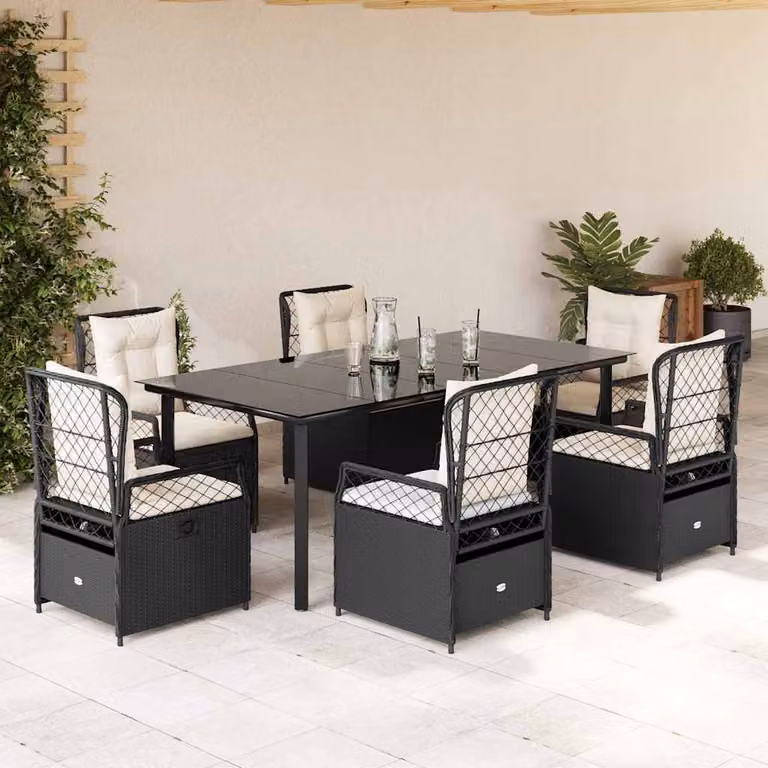 vidaXL Set da Pranzo da Giardino 7 pz in Polyrattan Nero con Cuscini e Tavolo in Vetro