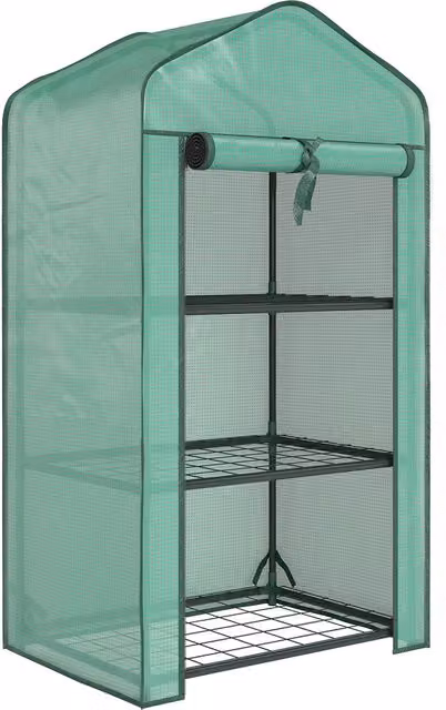 Mini Serra da Giardino Outsunny con Copertura in PE, 3 Ripiani e Porta Avvolgibile, Verde, L/P/H: 59 x 39 x 127 cm