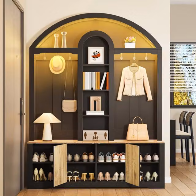 Mobile Ingresso Multifunzione Guardaroba con Scarpiera in MDF Nero e Legno 150x40x195 cm