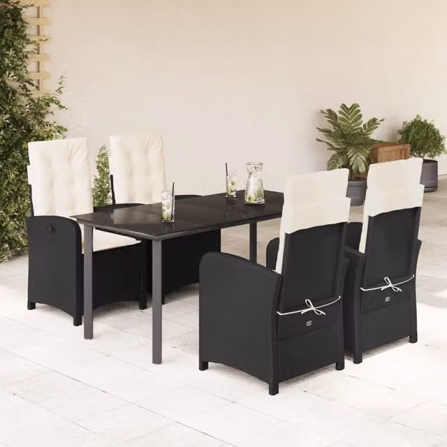 Set da Pranzo da Giardino 5 pz Nero con Cuscini in Polyrattan 3212304