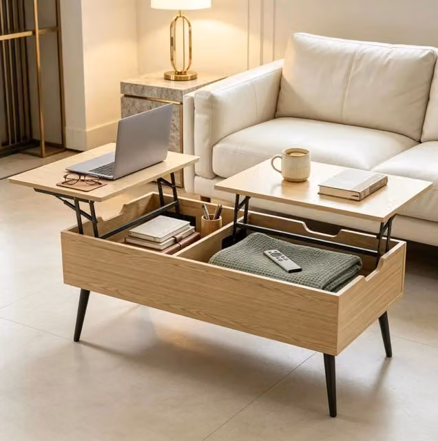 Tavolino da salotto multifunzionale con piano regolabile in altezza effetto legno e gambe in metallo nero, 100x50x43,6 cm