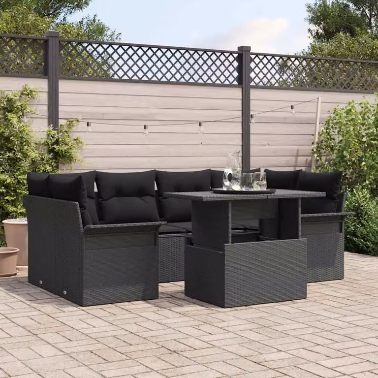 Set Divano da Giardino vidaXL 7 Pezzi Nero con Cuscini e Tavolino in Metallo e Rattan