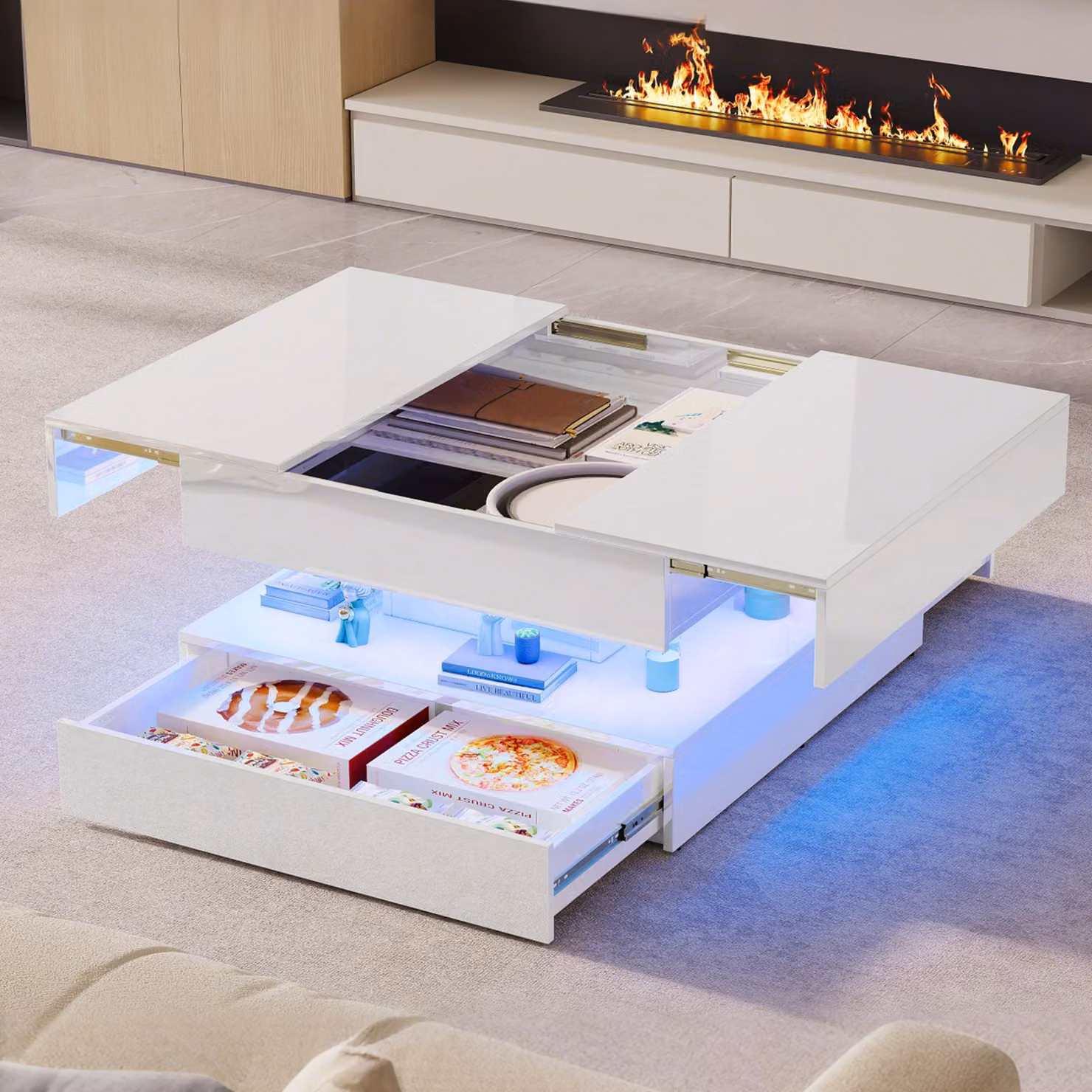 UnboxG Tavolino da salotto 78×78×43 cm Bianco, lucido Quadrato, allungabile con cassetto e spazio contenitivo, luce d'atmosfera a LED tramite app, soggiorno, tavolino