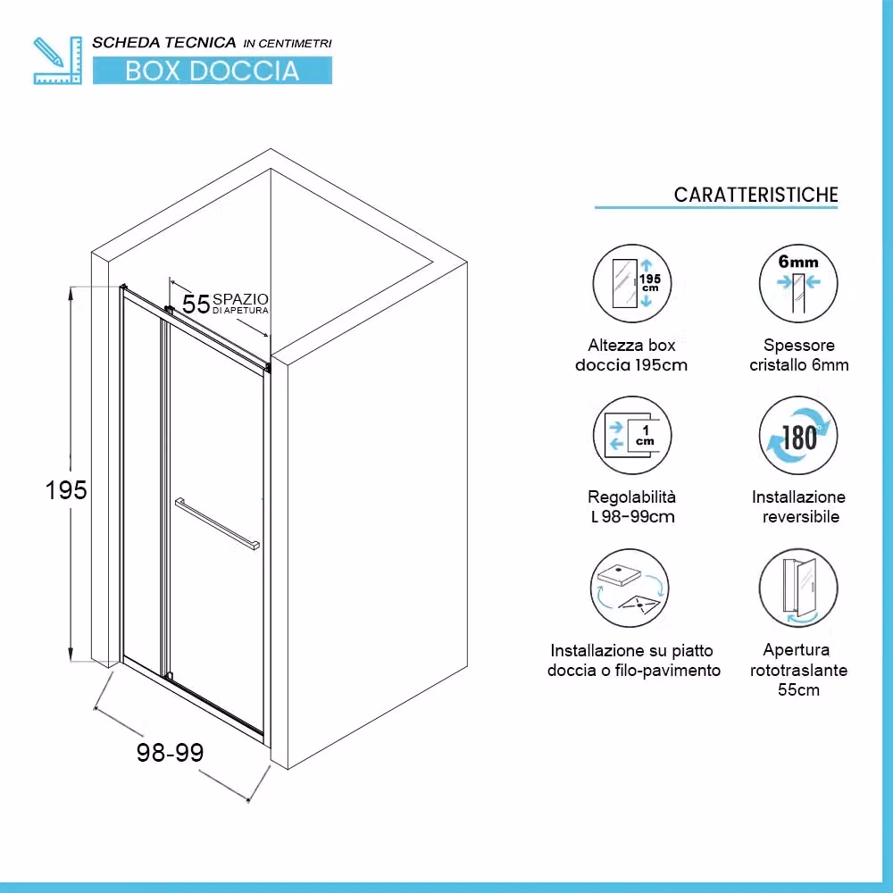 Porta doccia a nicchia INBAGNO Nerea in vetro temperato trasparente con profili cromo, L: 100 cm, H: 195 cm, P: 5 cm, apertura pivotante – 2
