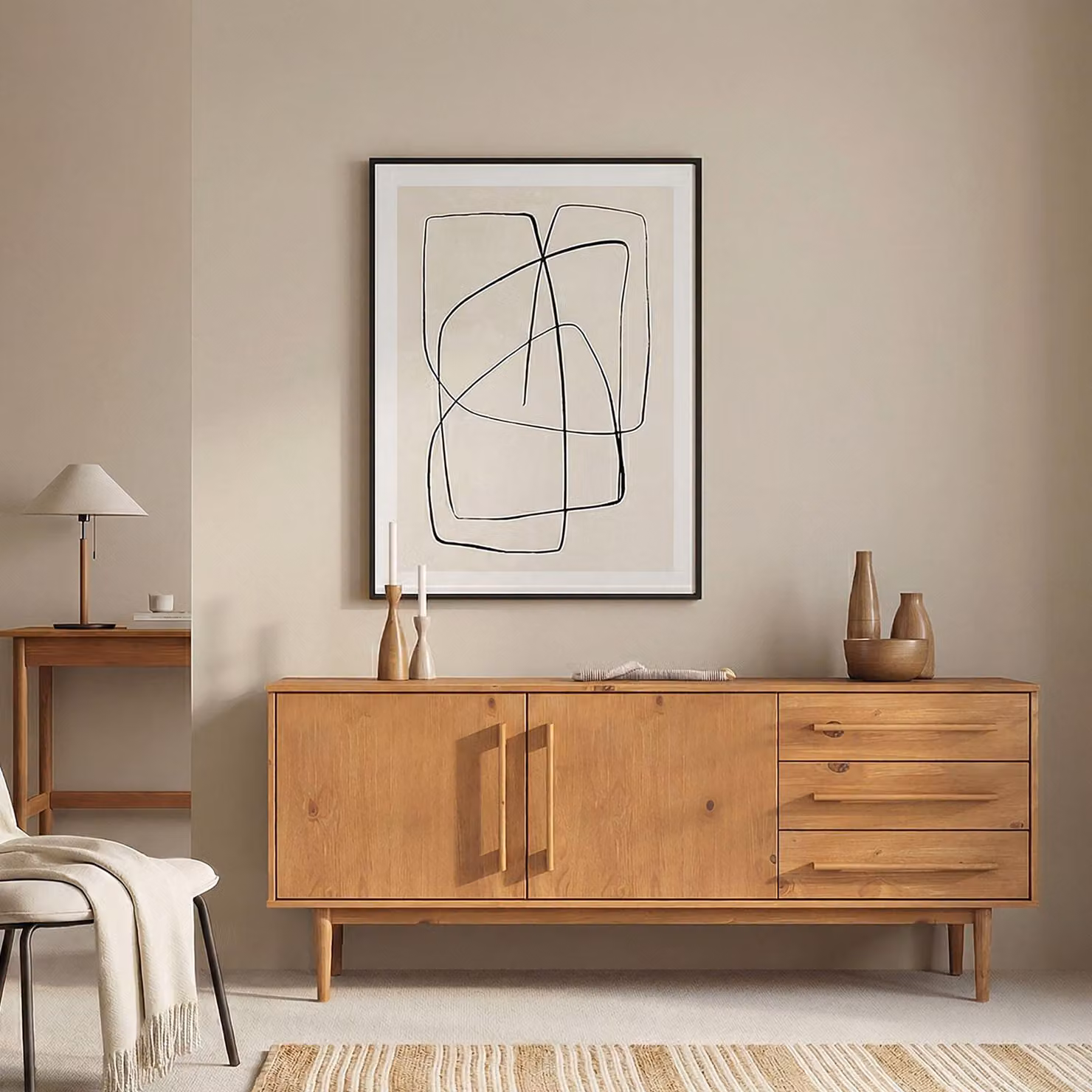 Credenza TECCA a 2 ante e 3 cassetti, color rovere - cassettiera in legno massiccio, ripiano regolabile, mobile da soggiorno in stile metà secolo