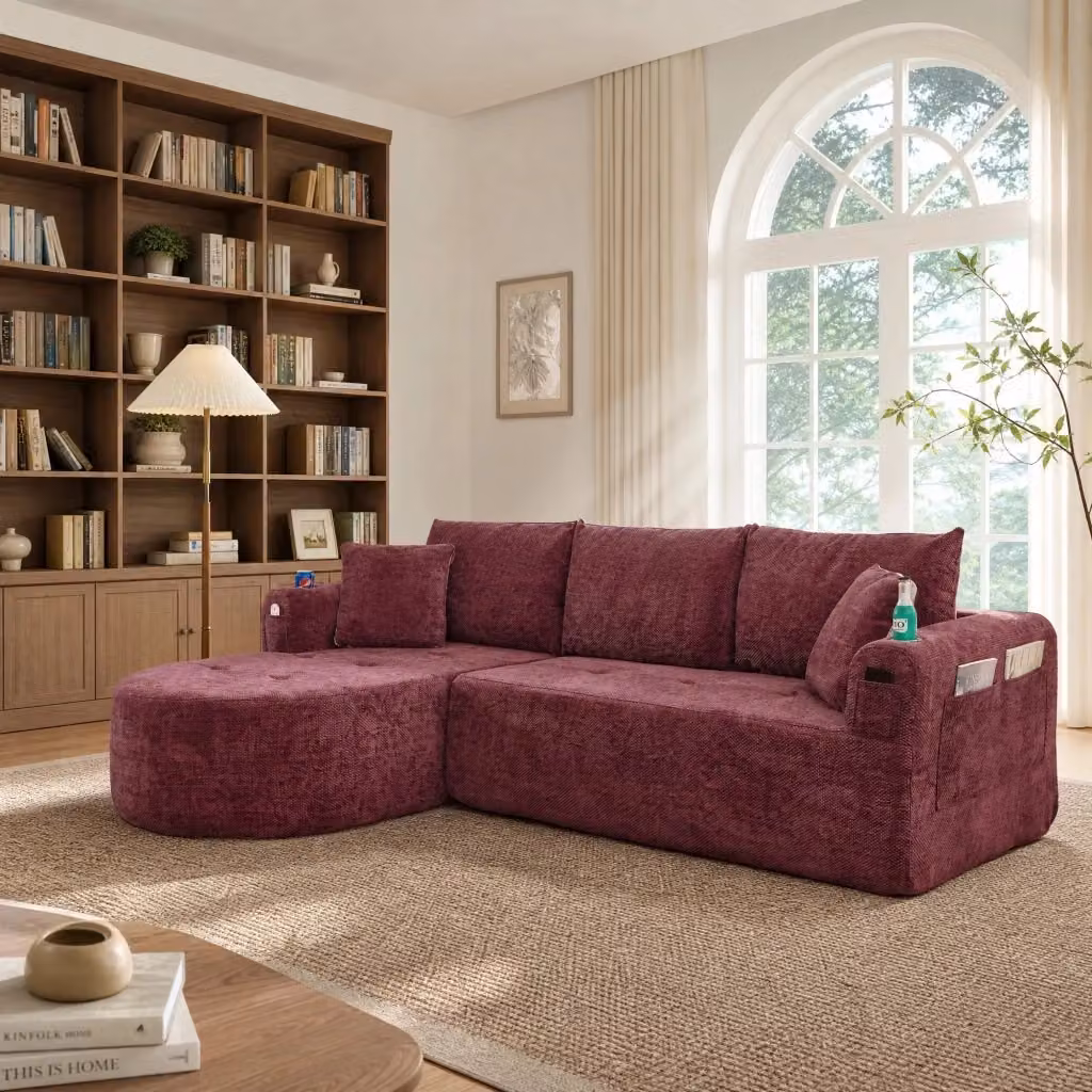 Divano angolare modulare MIVRAY in tessuto rosso con portabevande in acciaio inox e cuscini inclusi – 2