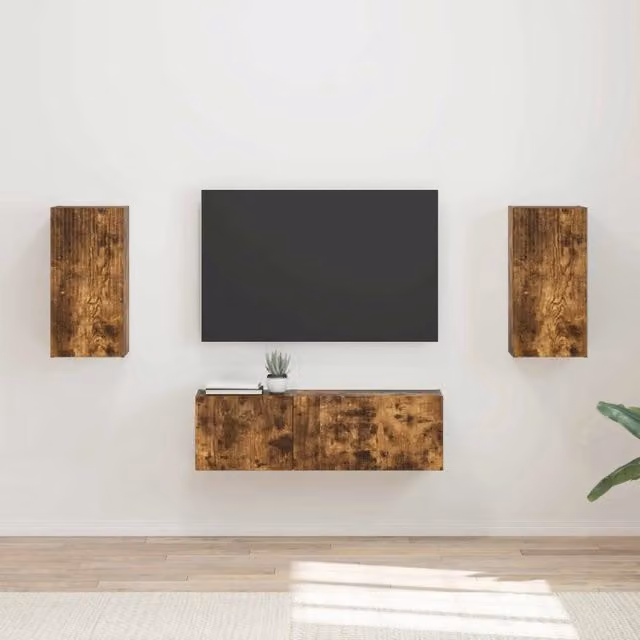 Set di Mobiletto da TV a Parete 4 pz-Credenza per TV sospesa Rovere fum¨¦ 294654