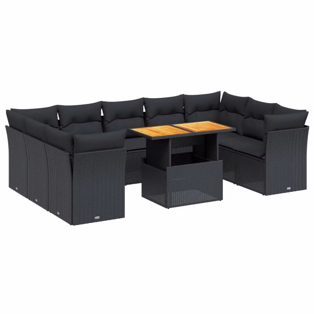 Set Divani da Giardino 10pz con Cuscini in Polyrattan Nero