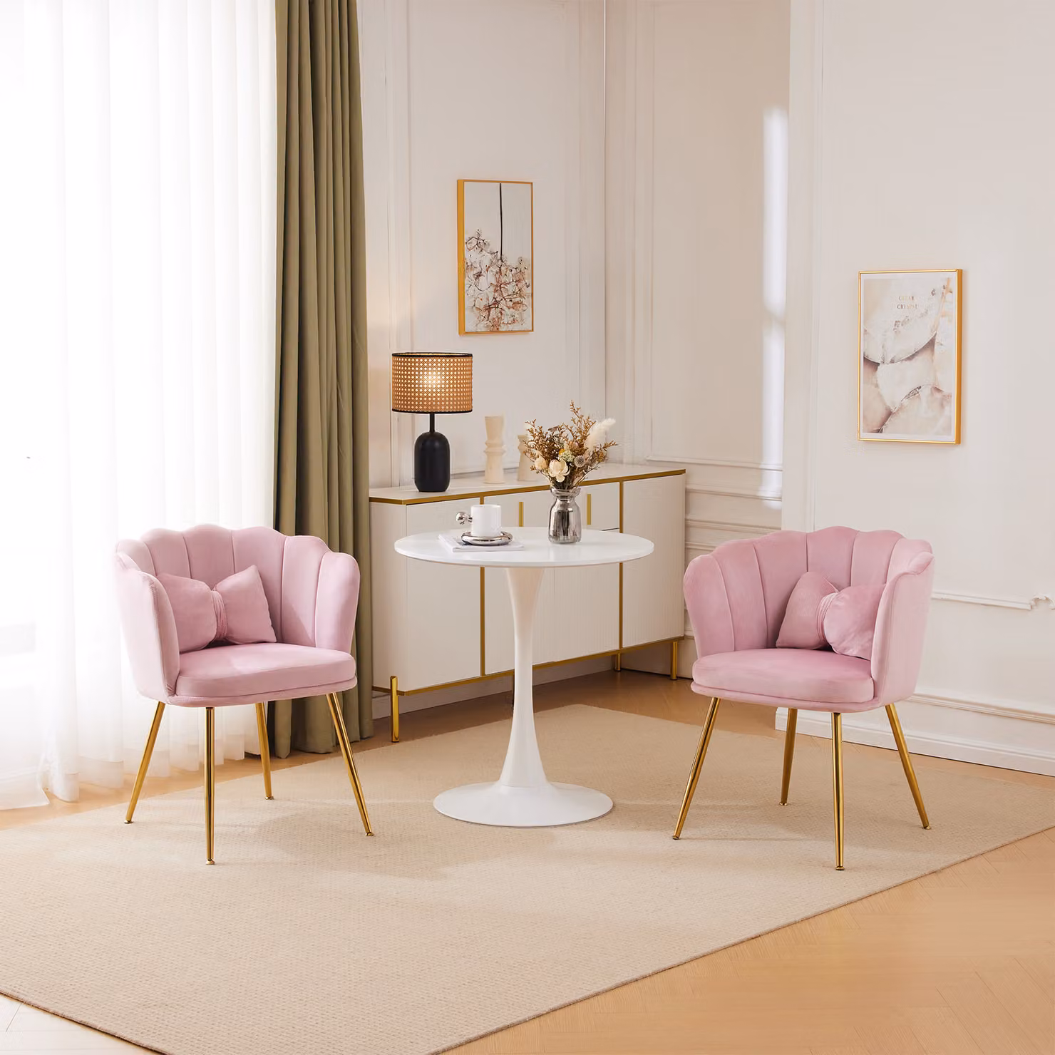 MODFU - Sedia da pranzo imbottita (2 pezzi) in velluto rosa, con braccioli e gambe in metallo dorato, comoda