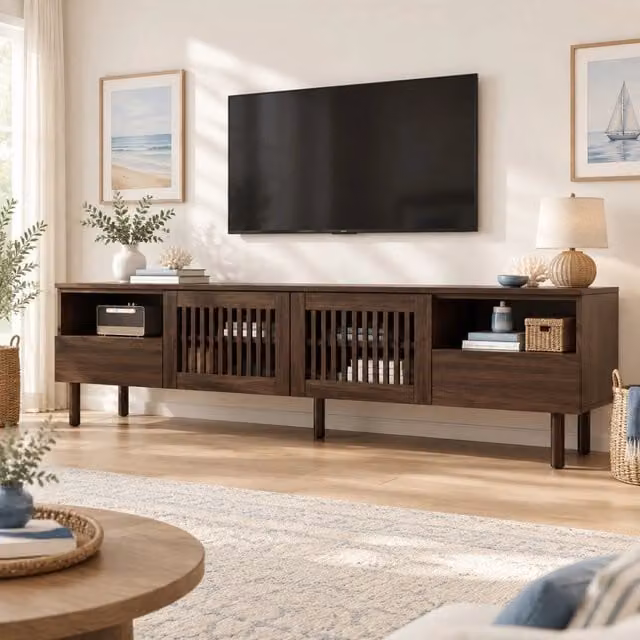 Mobile porta TV in MDF con 2 ante a griglia 2 cassetti e vani aperti per soggiorno color noce 180 × 40 × 51 cm