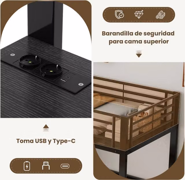 Letto a castello in metallo nero con due posti letto 90×200 cm, scrivania con prese USB/Type-C, scala contenitore e ripiani, senza materassi