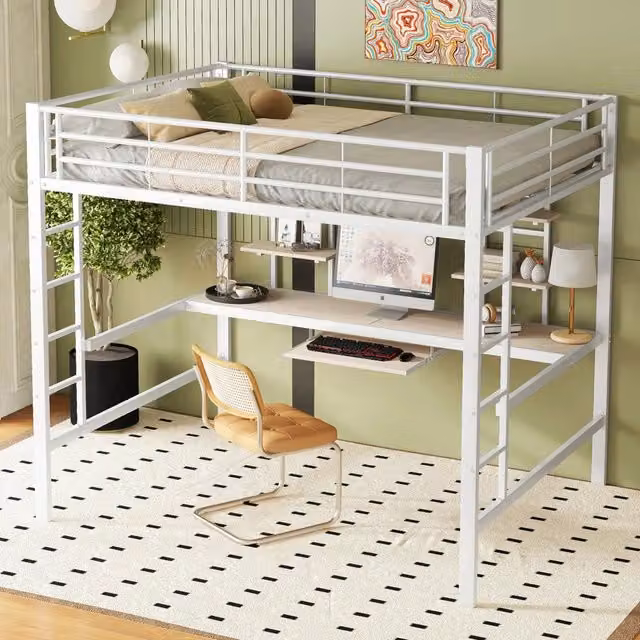 Letto a soppalco MIVRAY bianco con scrivania, due librerie e ripiano per tastiera in metallo e MDF, L/P/H: 204 x 140 x 180 cm