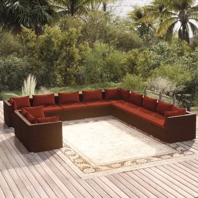Set di Divani da Giardino a L vidaXL con 11 Pezzi, Struttura in Metallo e Polyrattan Marrone e Rosso con Cuscini Inclusi – 1