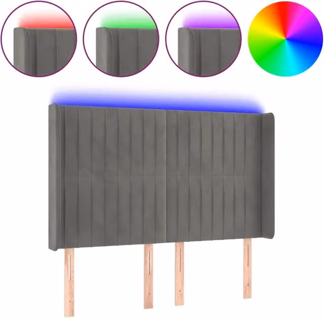 Testata del letto con illuminazione LED e porta di ricarica USB in velluto grigio chiaro, L: 147 cm, P: 16 cm, H: 118/128 cm – 1