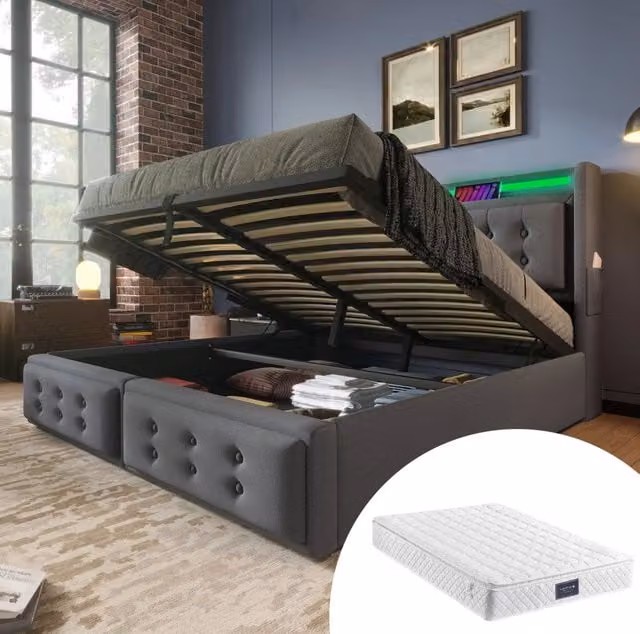 Letto imbottito 160x200 cm con testiera in pelle e funzione di ricarica USB-C, struttura idraulica in legno e metallo, carico max 300 kg, colore grigio