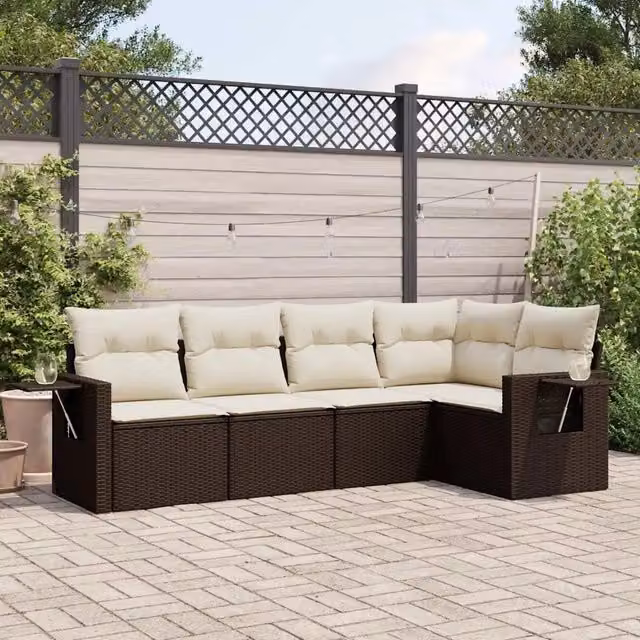 Set Divano da Giardino 5 pz con Cuscini-Sofa da Giardino-Divanetto da esterno Marrone in Polyrattan 678157