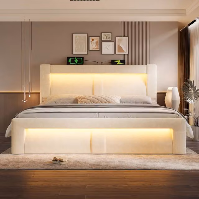 Letto matrimoniale 140×200 cm con vano idraulico, LED regolabili, USB e Type-C, senza materasso, velluto beige