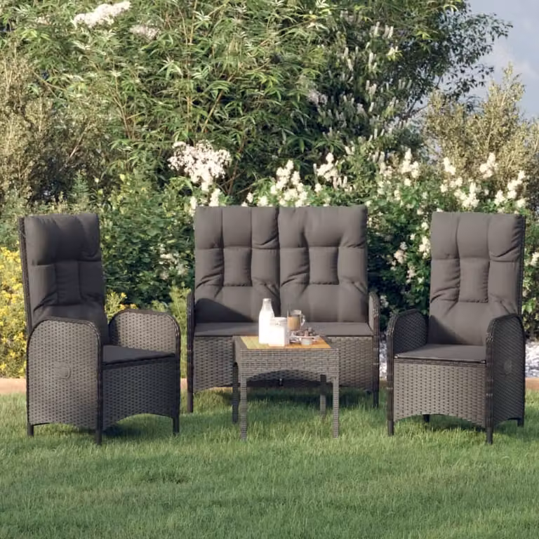 The Living Store Set da pranzo da giardino in 3 pezzi con cuscini in poly rattan nero