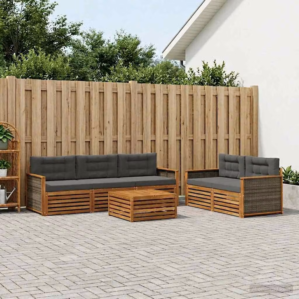 vidaXL Set di divani da esterno a L in legno di acacia con tavolo da caffè, 6 pezzi, Beige e Antracite