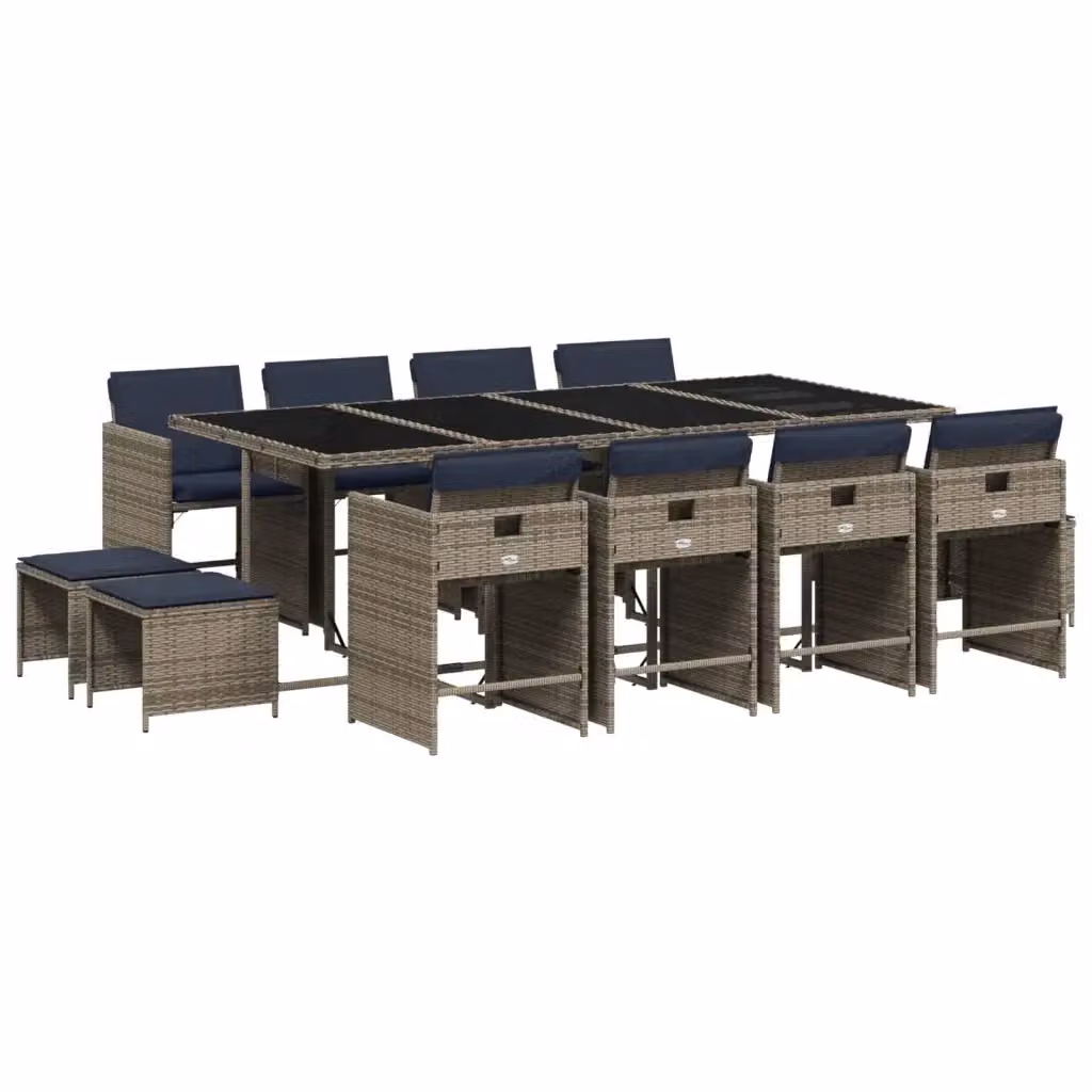 Set da pranzo da giardino vidaXL in polyrattan con cuscini e piano in vetro, 13 pezzi, Grigio – 2