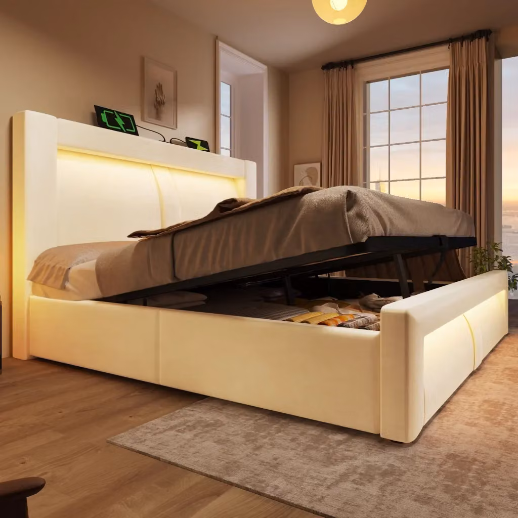 Letto matrimoniale contenitore Chicfurn in velluto beige con illuminazione LED e porte USB e Type-C L/P: 140 x 200 cm – 2