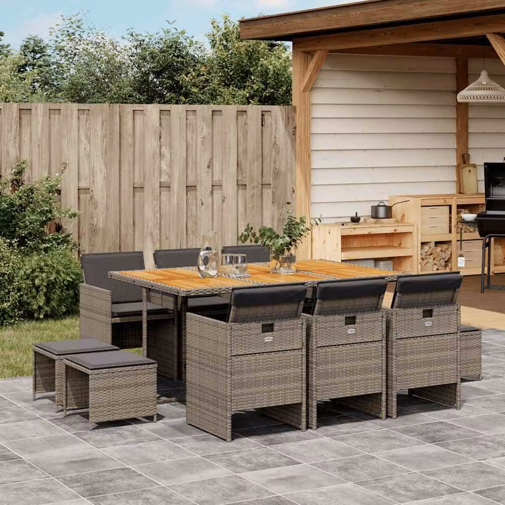 vidaXL Set da Pranzo da Giardino 11pz in Polyrattan e Legno di Acacia Grigio e Marrone – 1