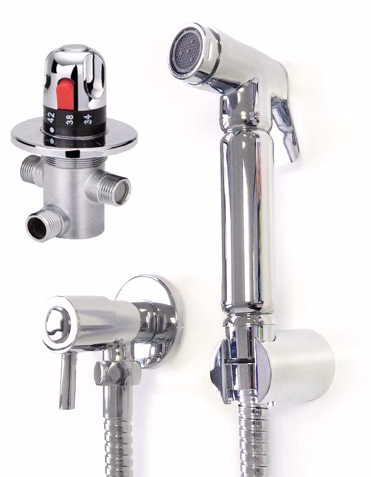 Termostato, bidet e doccia, finitura cromata, soffione in ottone, tubo flessibile da 1,2 metri