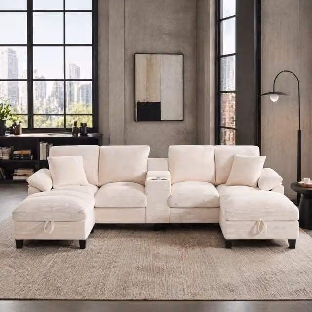 Divano angolare a U REDOM in tessuto a coste beige con porta bicchieri, ricarica USB e cuscini inclusi L: 293 cm, P: 142 cm, H: 93 cm – 1