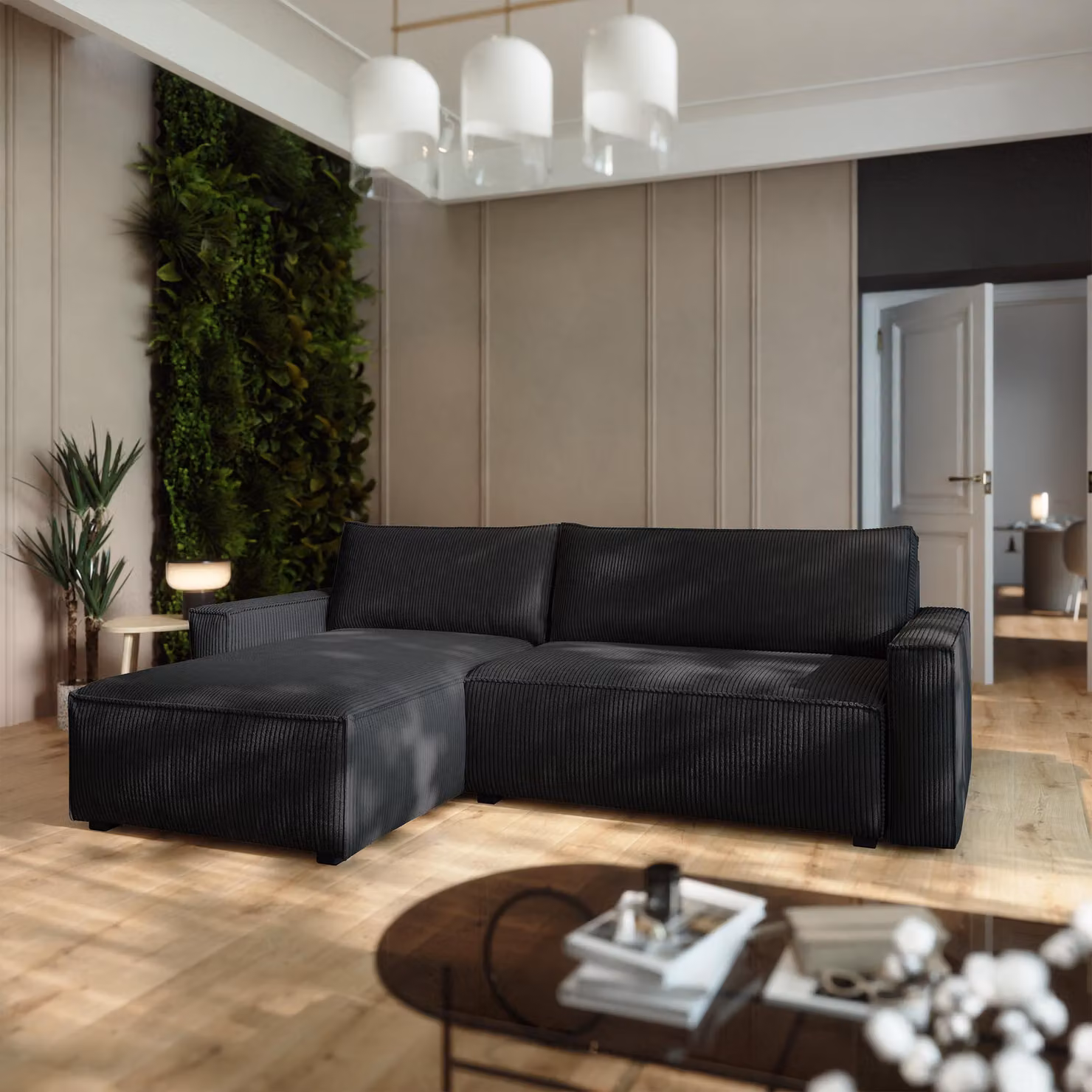Divano angolare BESMIR di Masseno con funzione letto a L, divano con box letto, divano da soggiorno, divano, divano letto, set di divani - nero, POSO 135