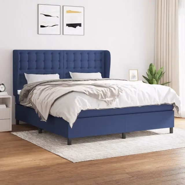 Letto Ibrido vidaXL con Giroletto a Molle e Materasso Blu e Bianco in Tessuto, Struttura in Legno di Larice, L/P/H: 160 x 200 x 128 cm – 1