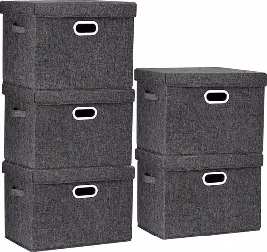 Scatole di archiviazione con coperchio, grandi, scatole di archiviazione con coperchio per armadi, cameretta, scatole di archiviazione per l'organizzazione di casa e ufficio, 5 pezzi, nero