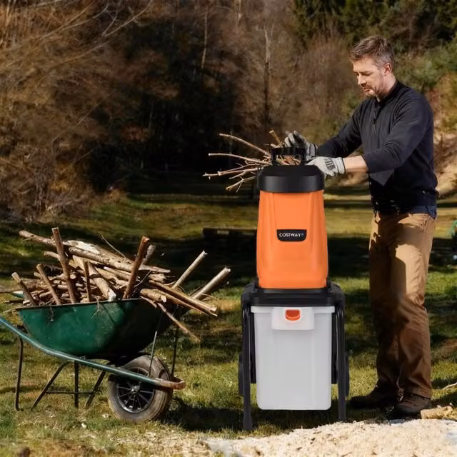 Trituratore elettrico per legno 2800w trituratore da giardino con cesto da 50 l, Trituratore pesante a filo per pulizia del giardino Arancione